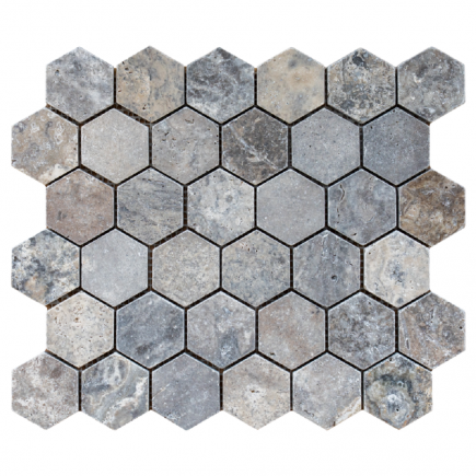 Mosaïque travertin SILVER vieillie Hexa x4.8x1cm