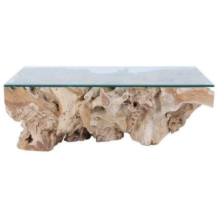 Table basse racine de Teck massif avec plateau verre 120x70xh40 cm