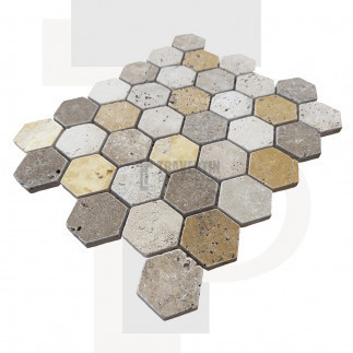 Mosaïque travertin Scabas - vieillie - Hexagone x1cm - filet 30x30cm