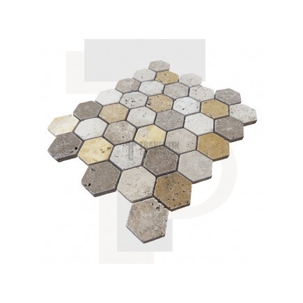 Mosaïque travertin Scabas - vieillie - Hexagone x1cm - filet 30x30cm