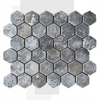 Mosaïque travertin Silver - vieillie - Hexagone x1cm - filet 30x30cm