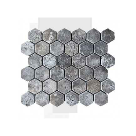 Mosaïque travertin Silver - vieillie - Hexagone x1cm - filet 30x30cm