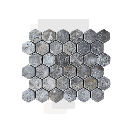 Mosaïque travertin Silver - vieillie - Hexagone x1cm - filet 30x30cm