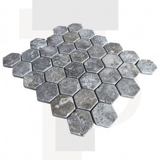 Mosaïque travertin Silver - vieillie - Hexagone x1cm - filet 30x30cm