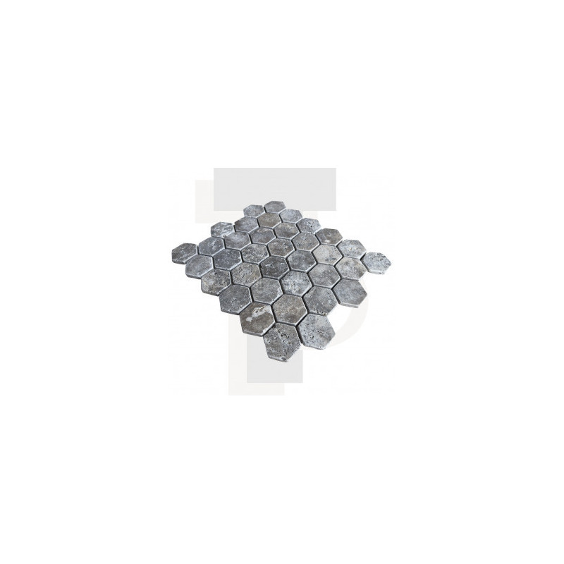 Mosaïque travertin Silver - vieillie - Hexagone x1cm - filet 30x30cm