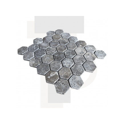 Mosaïque travertin Silver - vieillie - Hexagone x1cm - filet 30x30cm